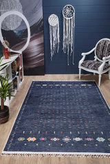 Navy Blue Ethnic Patterned Decorative Rug - Polyester