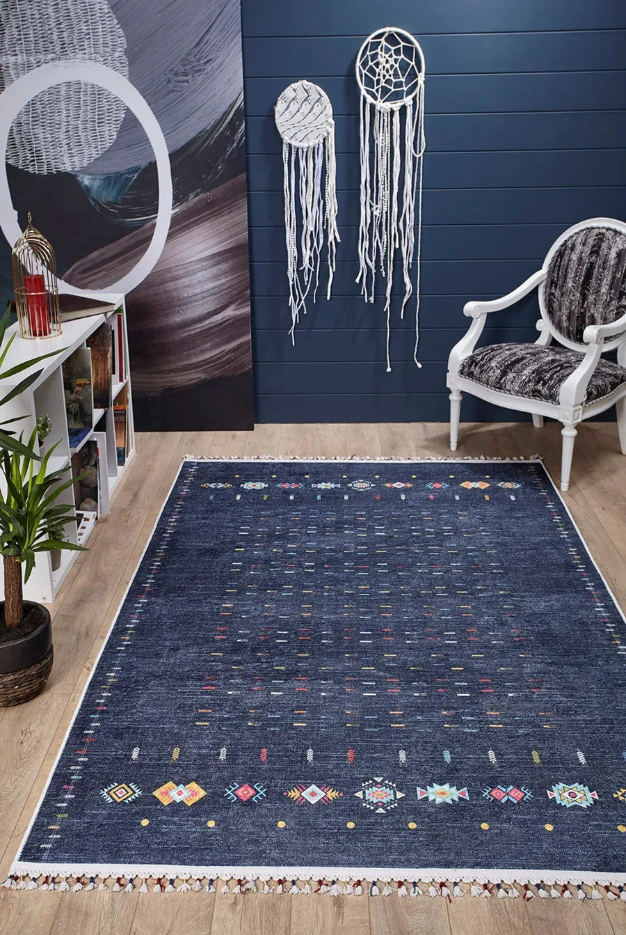 Mavi Geometrik Modern Halı - Yıkanabilir - Kaymaz Taban - Pati Dostu
