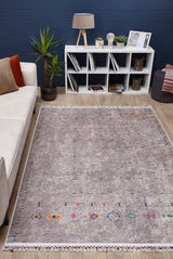 Gray Blue Distressed Ethnic Living Room Rug - Polyester Digital Print