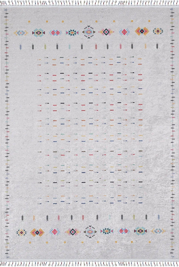 Beyaz Gri Geometrik Minimalist Halı - Yıkanabilir - Kaymaz Taban - Pati Dostu