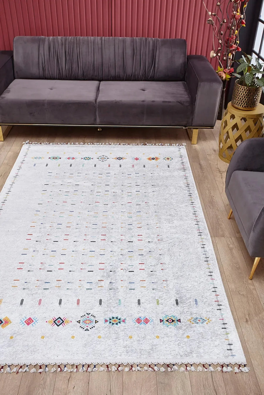 Beyaz Gri Geometrik Minimalist Halı - Yıkanabilir - Kaymaz Taban - Pati Dostu