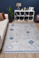 Gray Blue Distressed Ethnic Geometric Living Room Rug