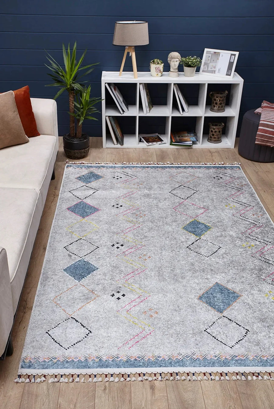 Bej Krem Geometrik Modern Halı - Yıkanabilir - Kaymaz Taban - Pati Dostu