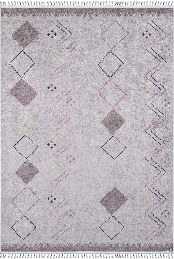 Beyaz Gri Baklava Geometrik Halı - Yıkanabilir - Kaymaz Taban - Pati Dostu