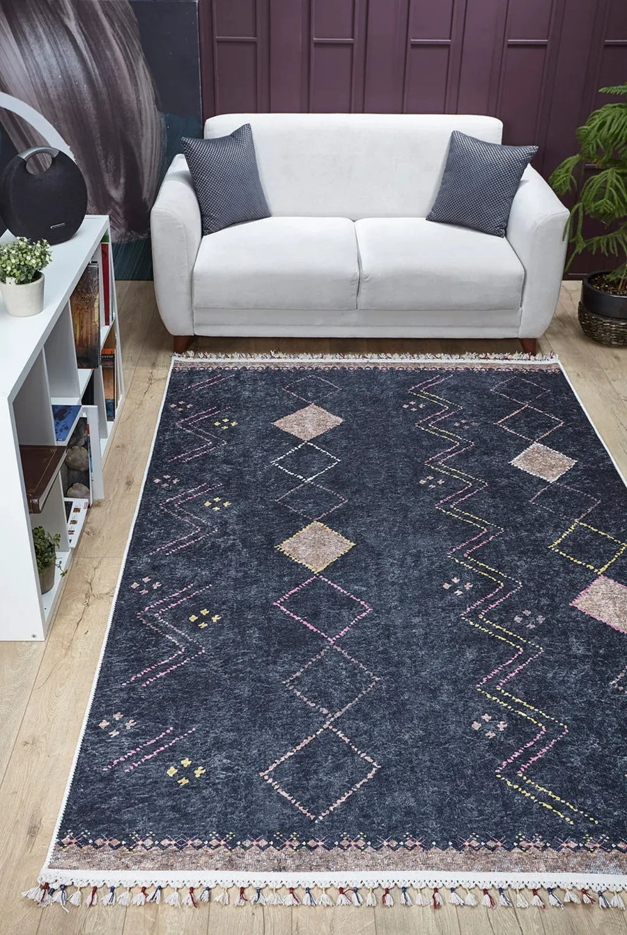Gri Etnik Geometrik Halı - Yıkanabilir - Kaymaz Taban - Pati Dostu
