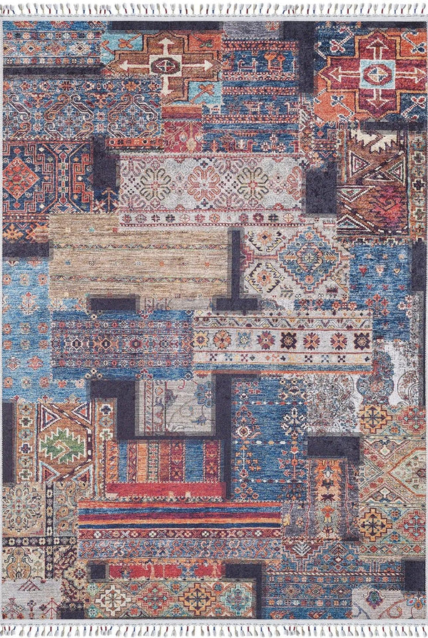 Mavi Klasik Eskitme Modern Halı - Yıkanabilir - Kaymaz Taban - Pati Dostu