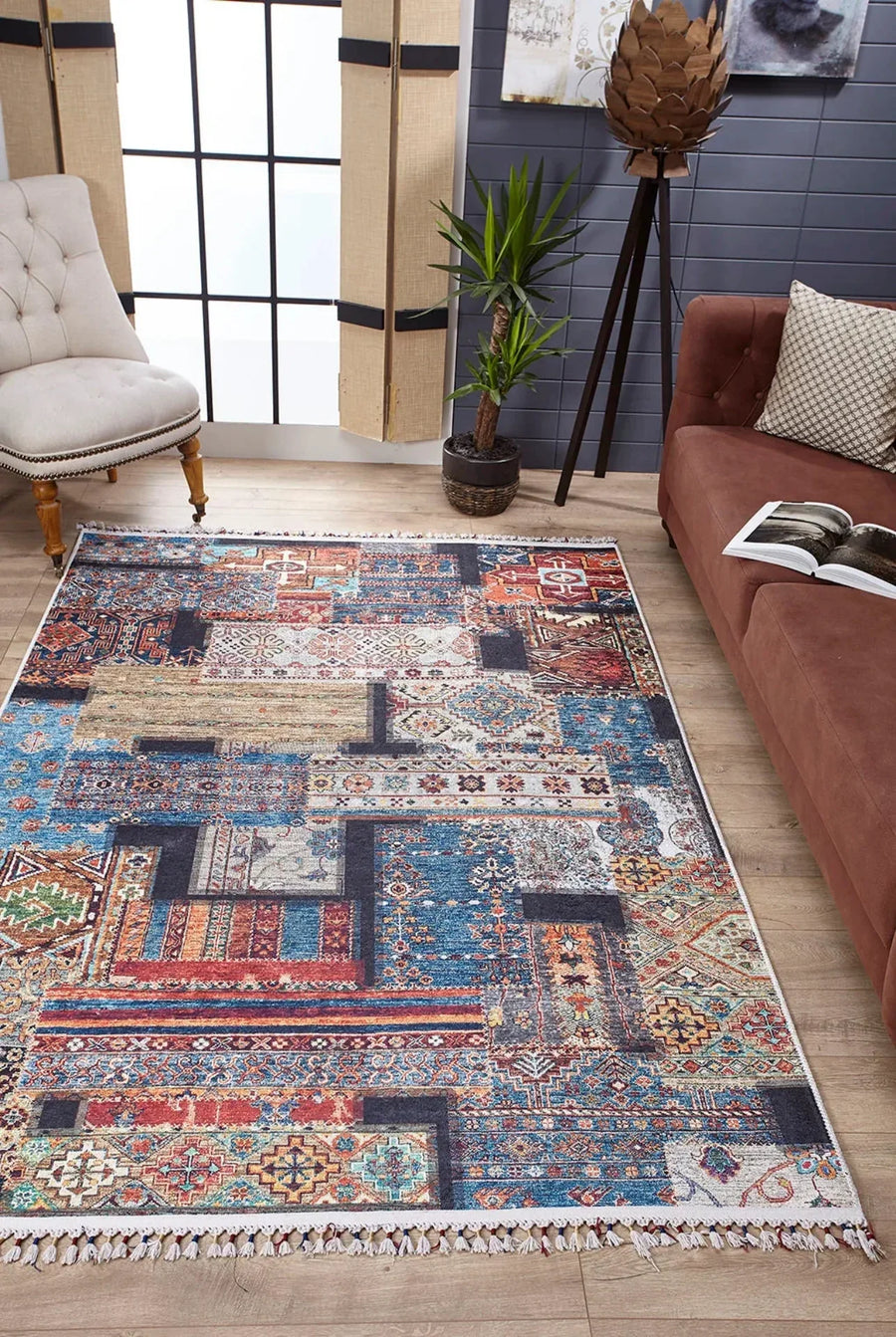 Mavi Klasik Eskitme Modern Halı - Yıkanabilir - Kaymaz Taban - Pati Dostu