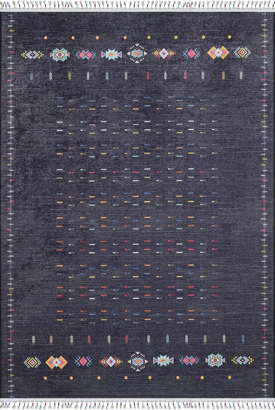 Red and Multicolored Geometric Area Rug – in the living room
