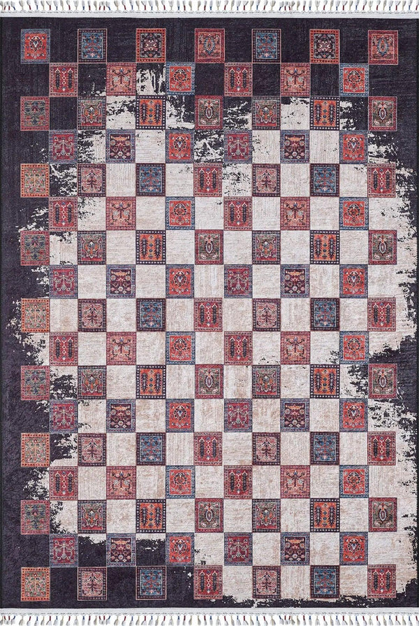 Gri Kırmızı Geometrik Modern Halı - Yıkanabilir - Kaymaz Taban - Pati Dostu