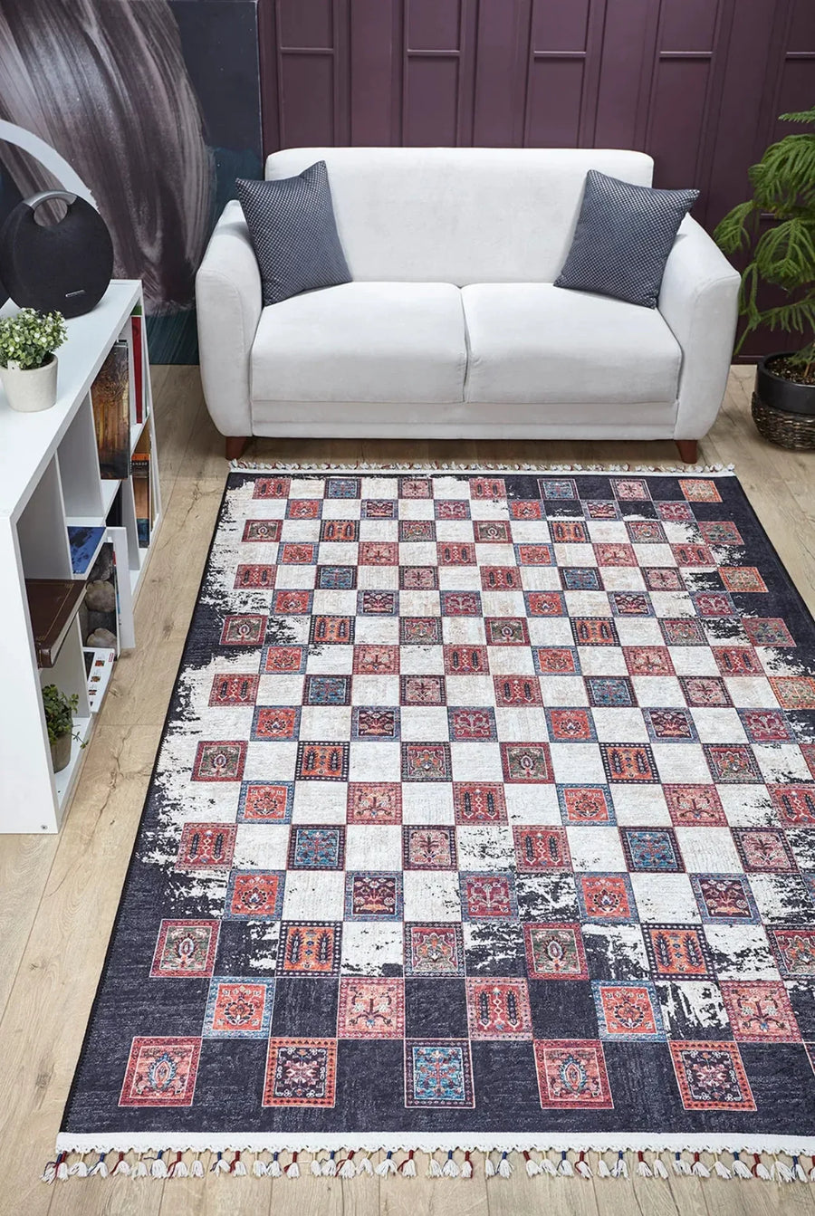 Gri Kırmızı Geometrik Modern Halı - Yıkanabilir - Kaymaz Taban - Pati Dostu