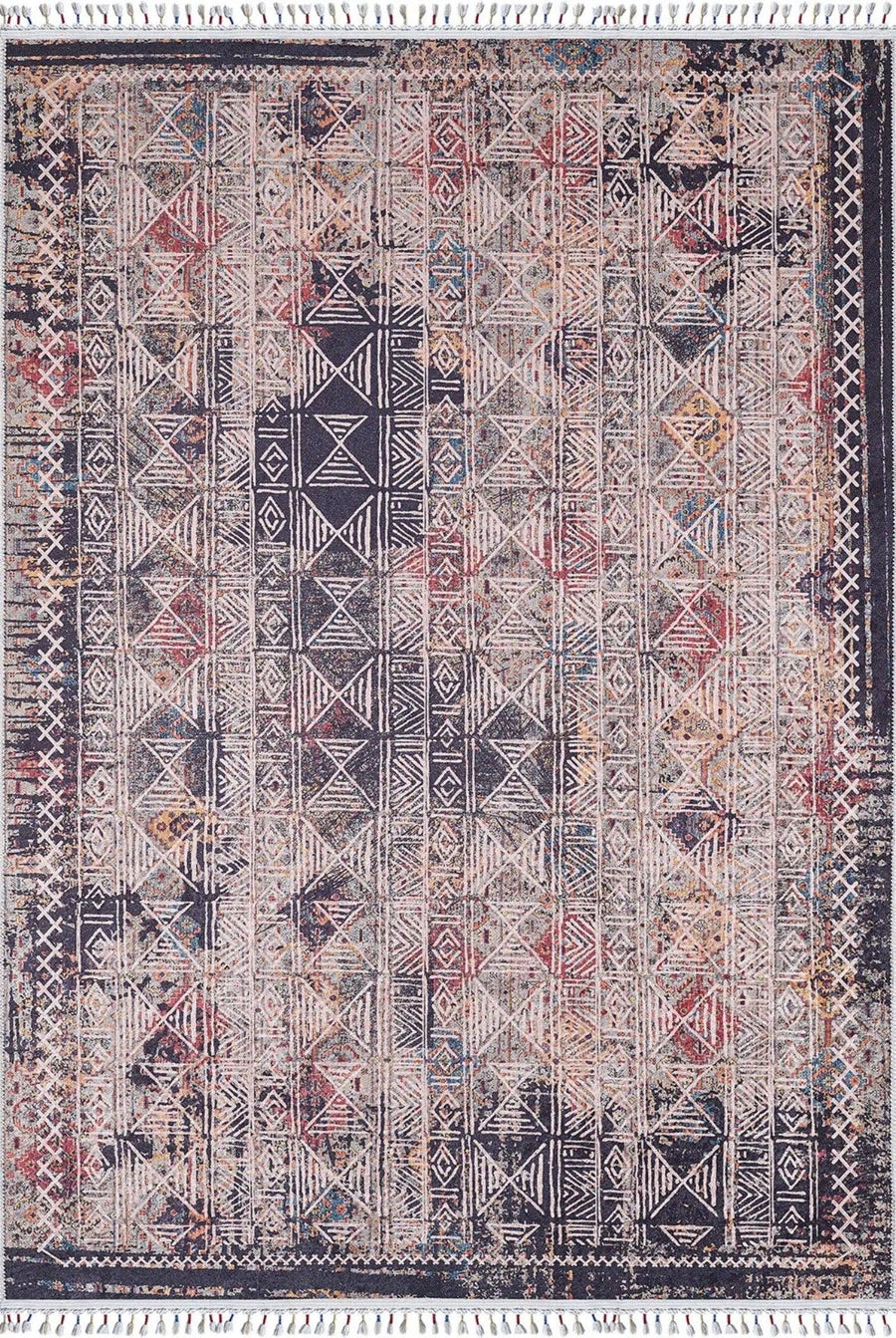 Grey & Navy Geometric Area Rug with Ethnic Border – in the living room