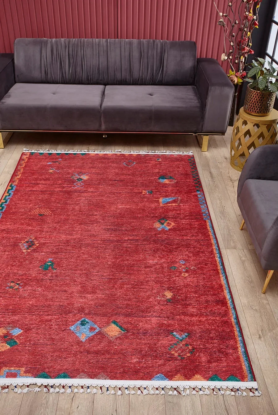 Kırmızı Klasik Eskitme Modern Halı - Yıkanabilir - Kaymaz Taban - Pati Dostu
