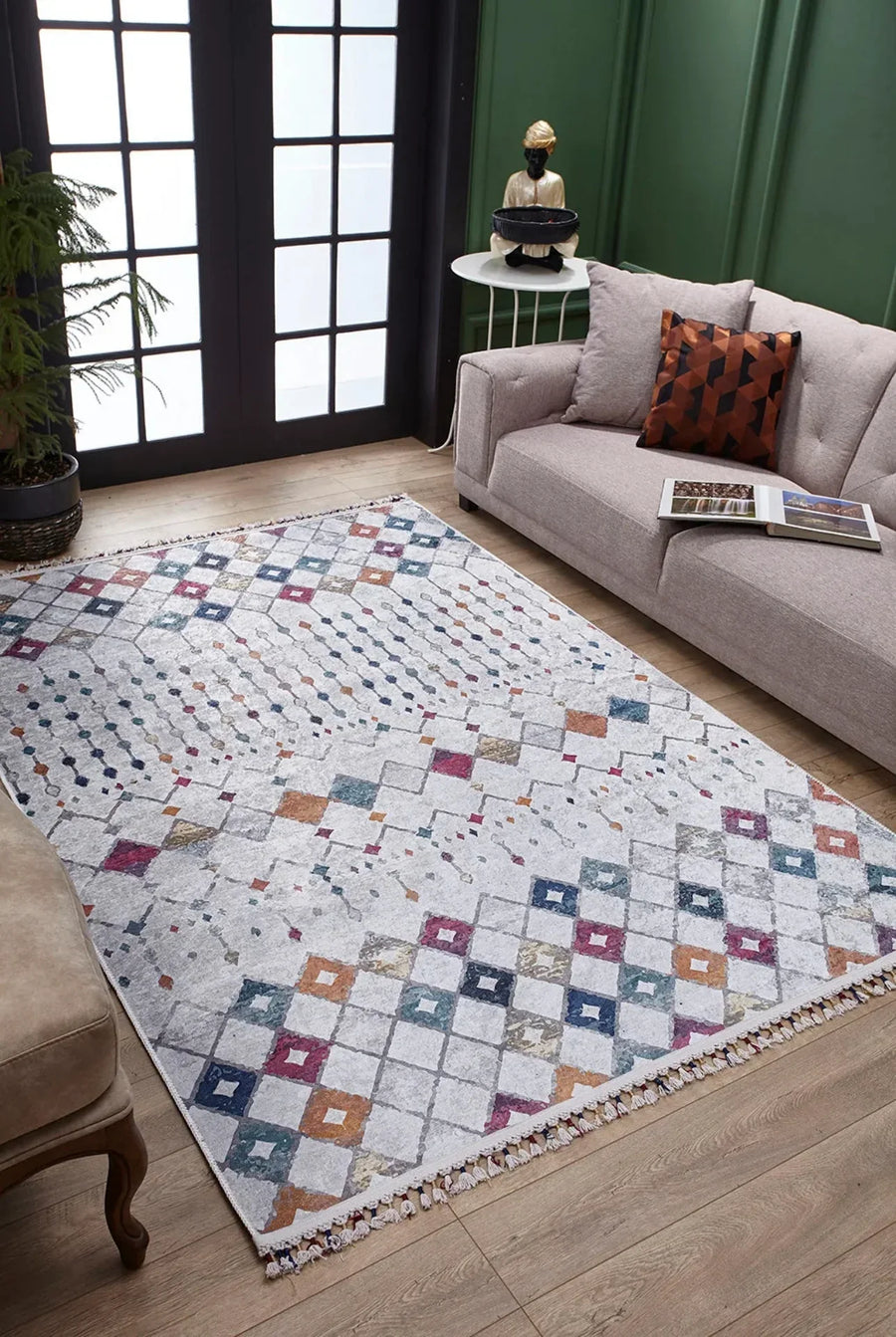 Gri Geometrik Modern Halı - Yıkanabilir - Kaymaz Taban - Pati Dostu