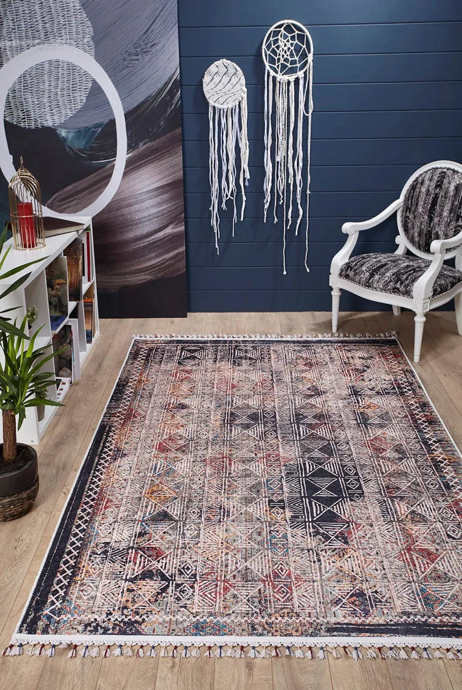 Gri Mavi Modern Soyut Halı - Yıkanabilir - Kaymaz Taban - Pati Dostu
