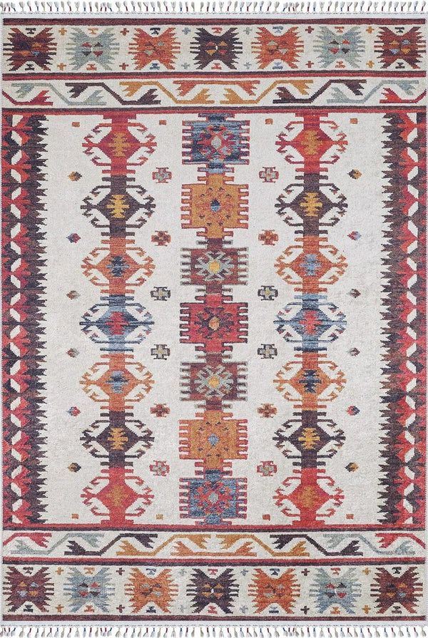 Kırmızı Etnik Geometrik Halı - Yıkanabilir - Kaymaz Taban - Pati Dostu