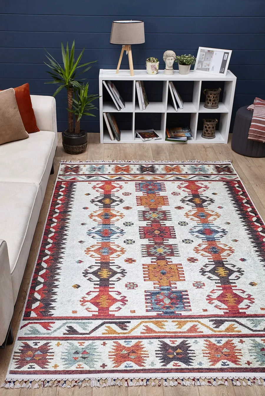 Kırmızı Etnik Geometrik Halı - Yıkanabilir - Kaymaz Taban - Pati Dostu