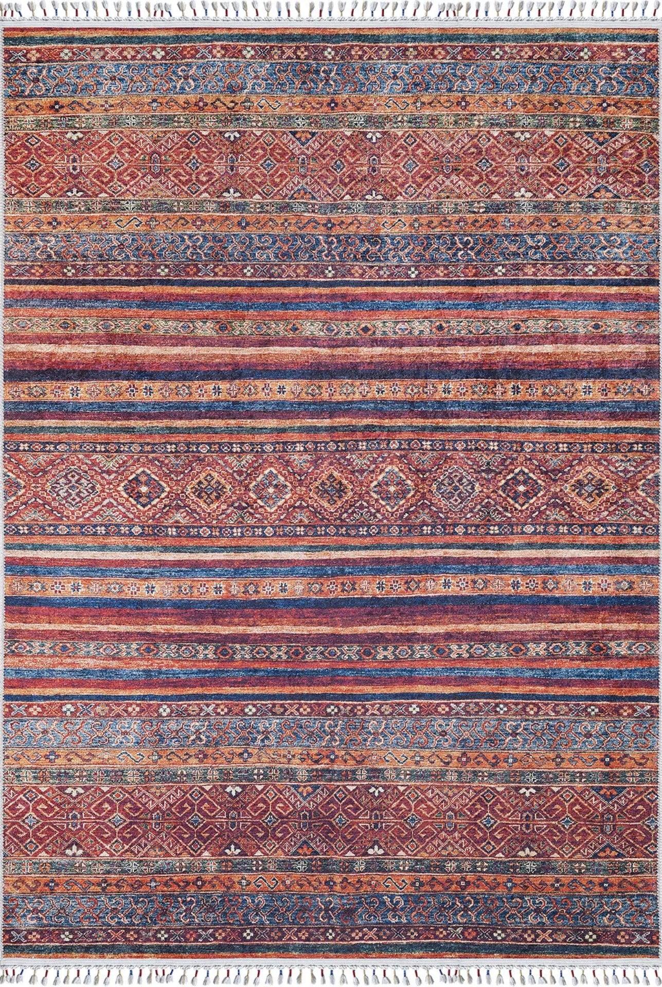 Kırmızı Etnik Modern Halı - Yıkanabilir - Kaymaz Taban - Pati Dostu