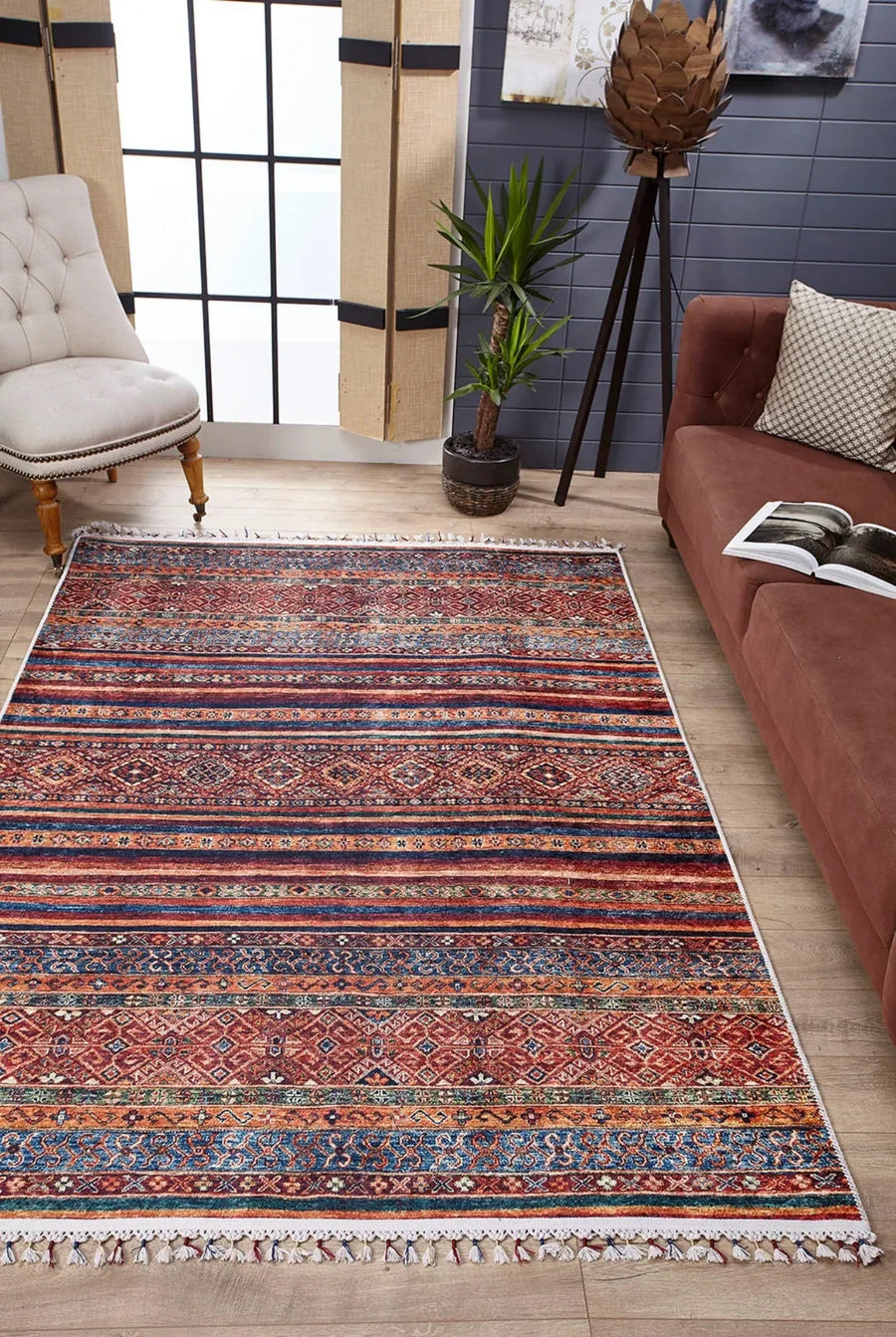 Kırmızı Etnik Modern Halı - Yıkanabilir - Kaymaz Taban - Pati Dostu