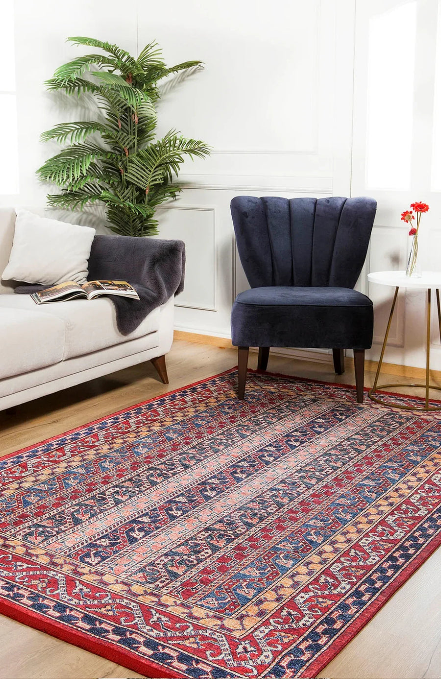 Red and Navy Blue Classic Area Rug, Washable Non-Slip – in the living room