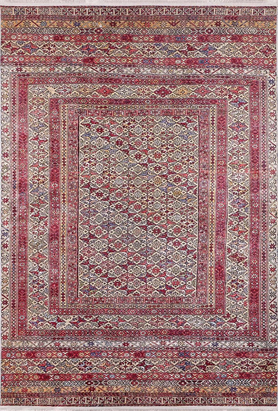 Red and Cream Ethnic Geometric Area Rug – in the living room