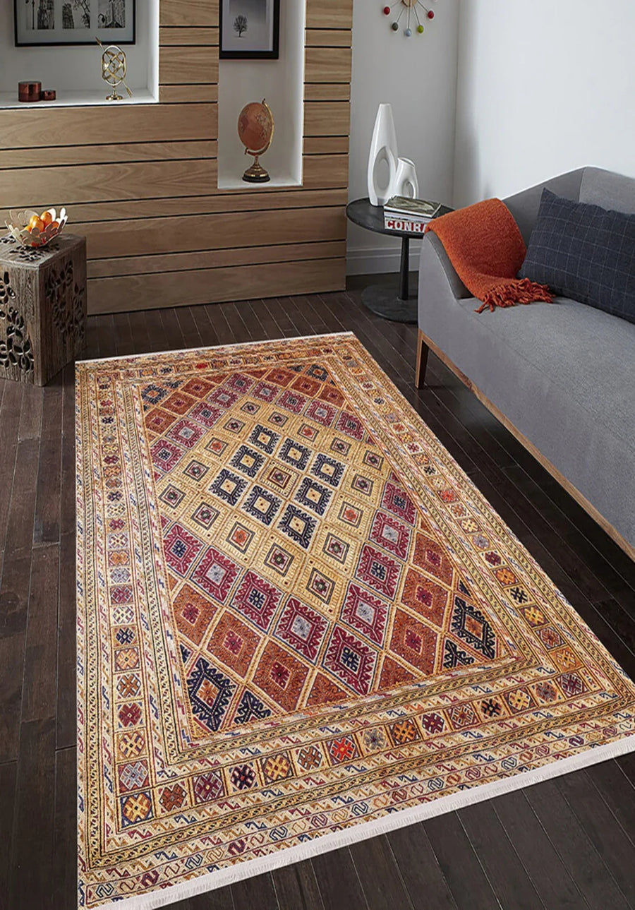Etnik Geometrik Halı - Yıkanabilir - Kaymaz Taban - Pati Dostu