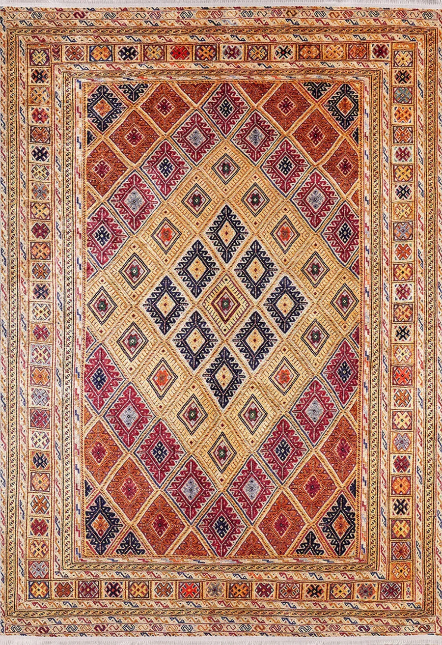 Beige Area Rug with Navy and Orange Ethnic Geometric Pattern – in the living room