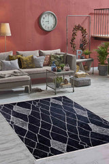 Navy Blue White Modern Geometric Living Room Rug - Polyester