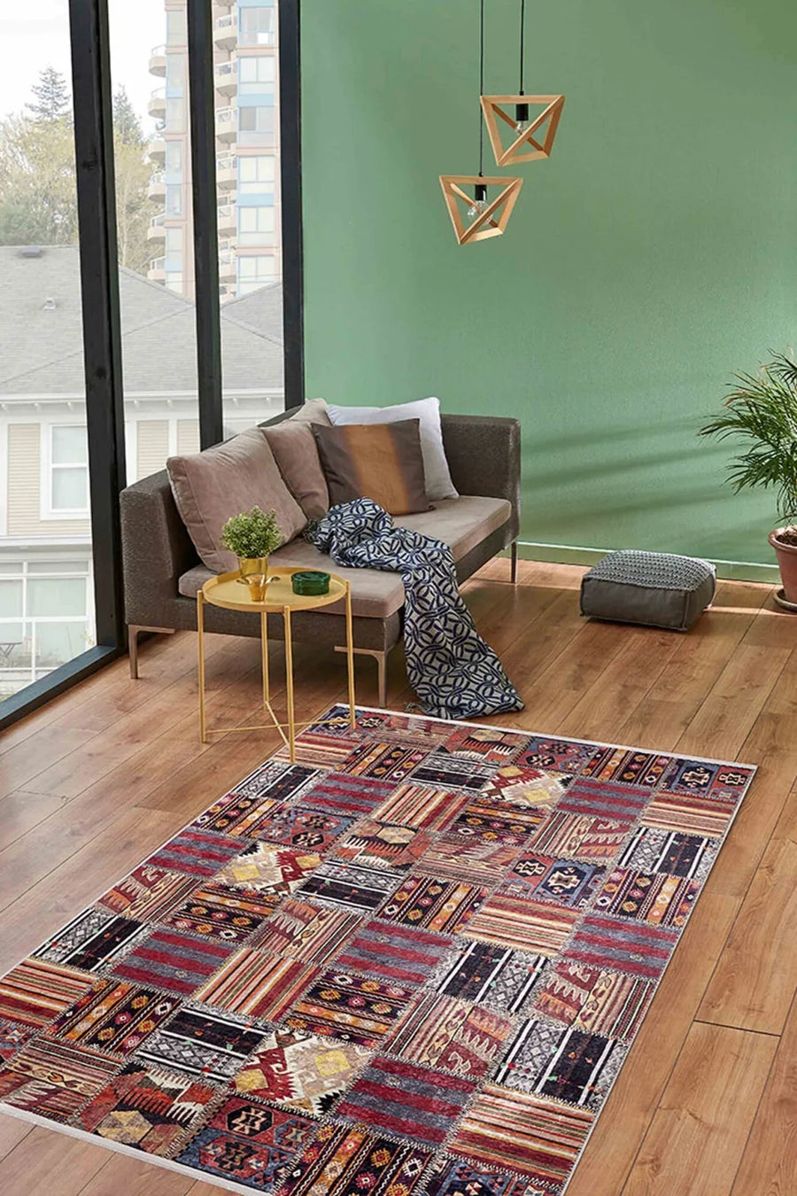 Renkli Geometrik Modern Halı - Yıkanabilir - Kaymaz Taban - Pati Dostu