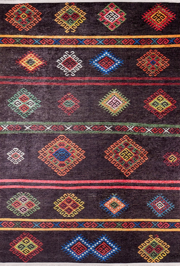 Kırmızı Mavi Etnik Geometrik Halı - Yıkanabilir - Kaymaz Taban - Pati Dostu