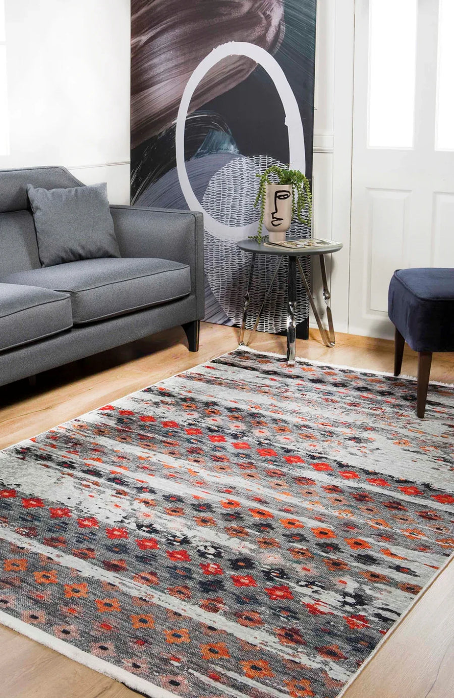 Gri Geometrik Minimalist Halı - Yıkanabilir - Kaymaz Taban - Pati Dostu