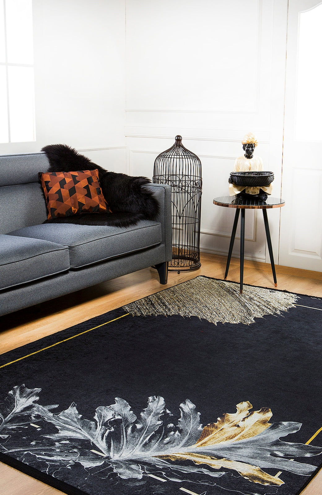 Beyaz Gri Modern Çerçeveli Halı - Yıkanabilir - Kaymaz Taban - Pati Dostu