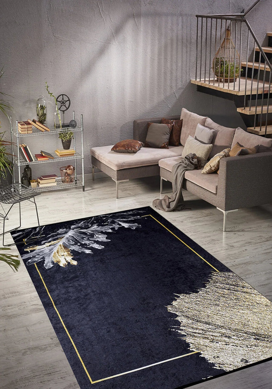 Beyaz Gri Modern Çerçeveli Halı - Yıkanabilir - Kaymaz Taban - Pati Dostu