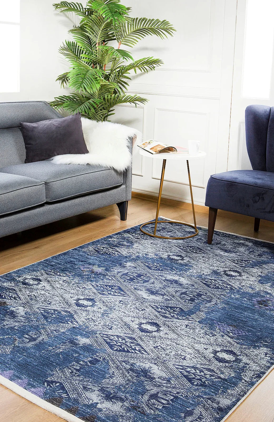 Gri Mavi Eskitme Modern Halı - Yıkanabilir - Kaymaz Taban - Pati Dostu