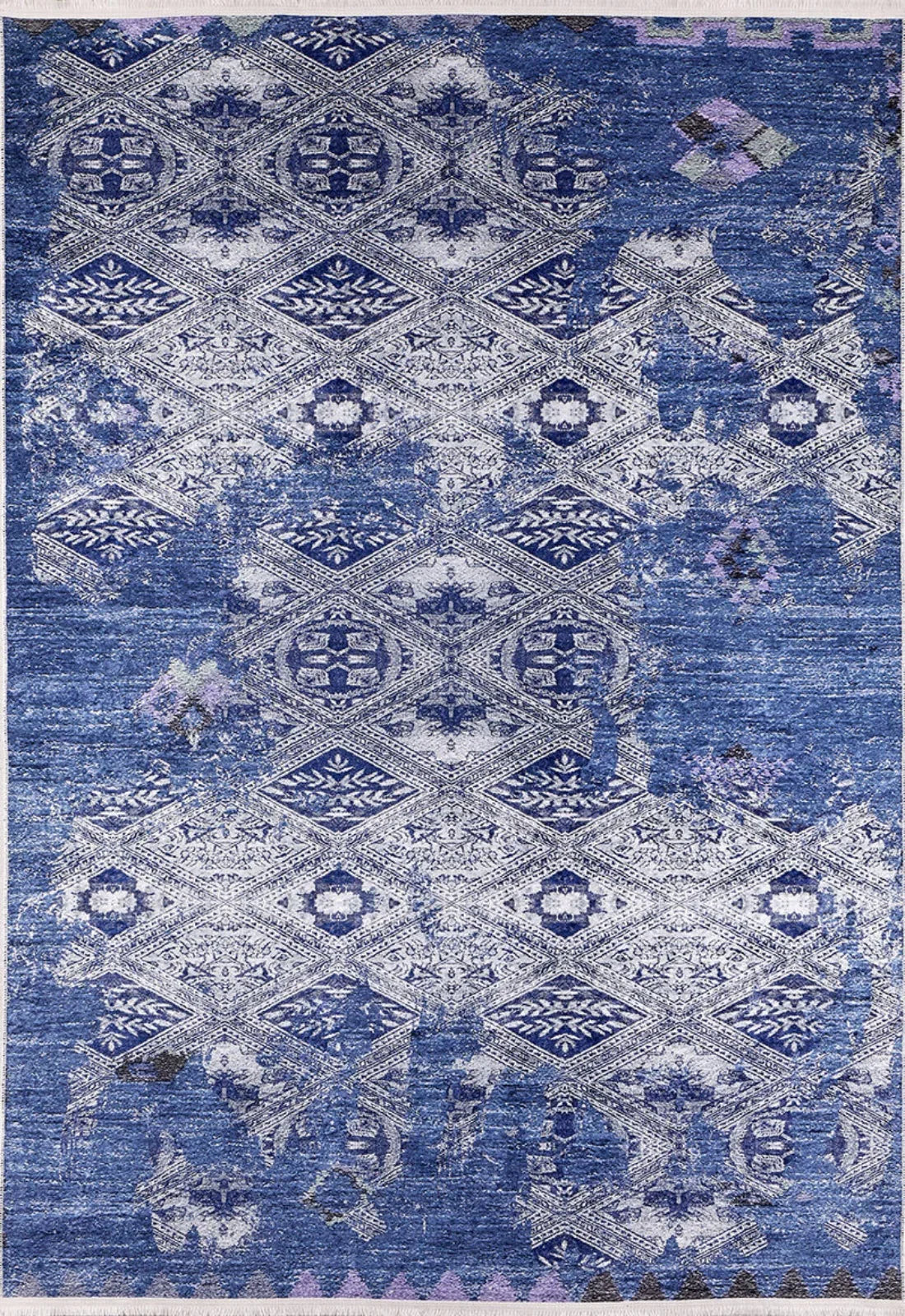 Gri Mavi Eskitme Modern Halı - Yıkanabilir - Kaymaz Taban - Pati Dostu