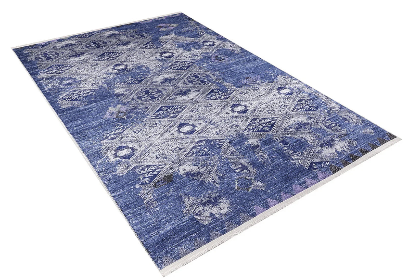 Gri Mavi Eskitme Modern Halı - Yıkanabilir - Kaymaz Taban - Pati Dostu