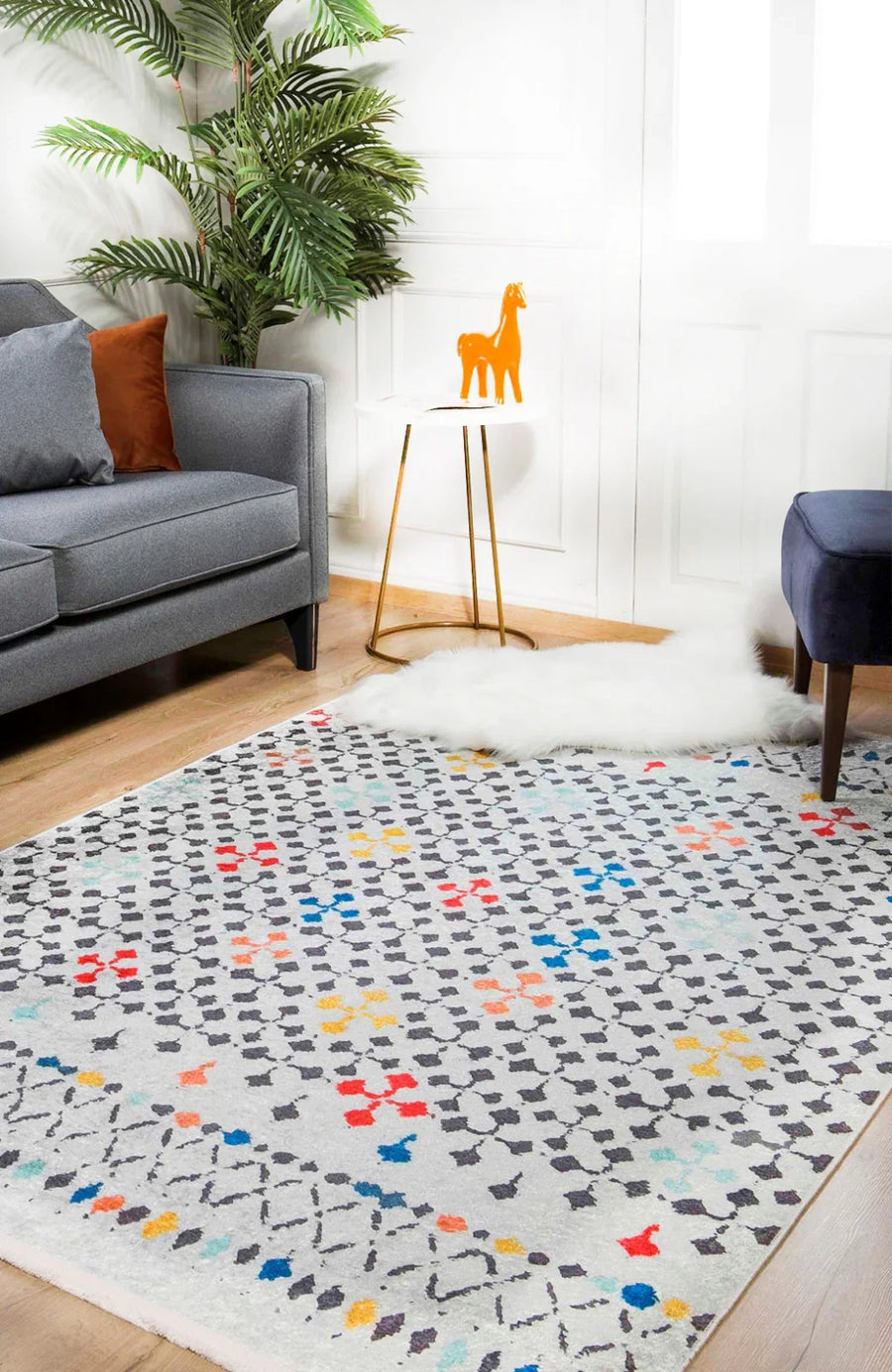 Beyaz Geometrik Modern Halı - Yıkanabilir - Kaymaz Taban - Pati Dostu