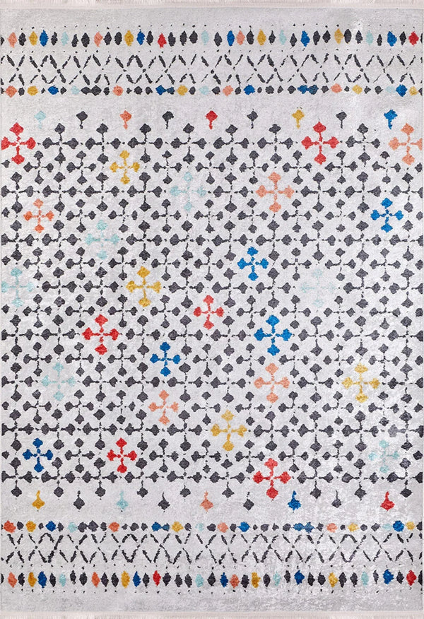 Beyaz Geometrik Modern Halı - Yıkanabilir - Kaymaz Taban - Pati Dostu