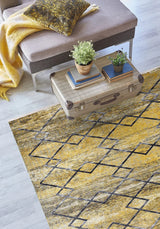 Yellow Black Distressed Geometric Living Room Rug - Polyester Digital Print