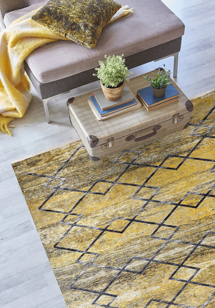 Gri Geometrik Modern Halı - Yıkanabilir - Kaymaz Taban - Pati Dostu