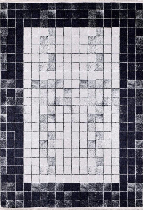 Beyaz Gri Geometrik Izgara Desenli Halı - Yıkanabilir - Kaymaz Taban - Pati Dostu