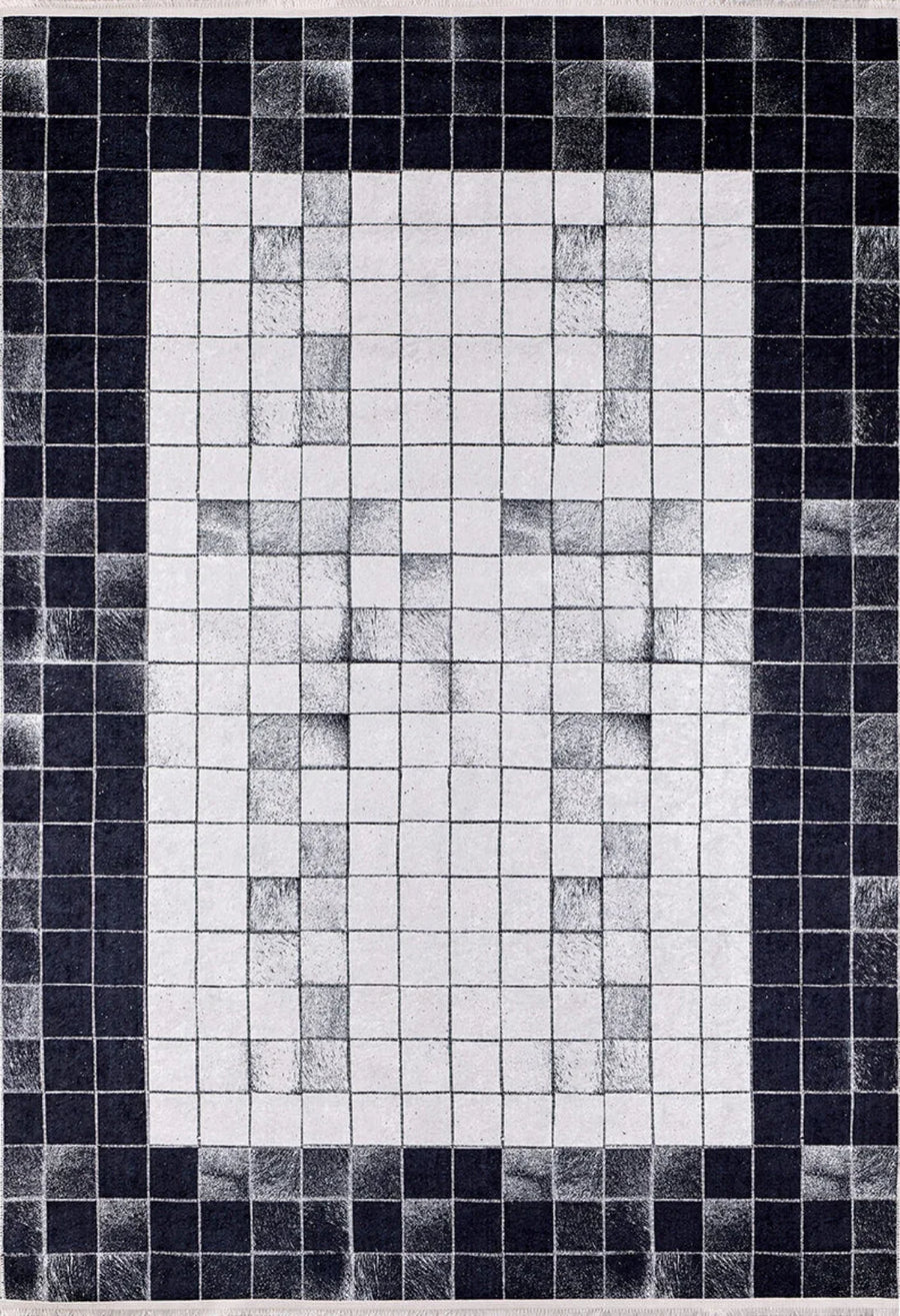 Black and White Geometric Print Area Rug – in the living room
