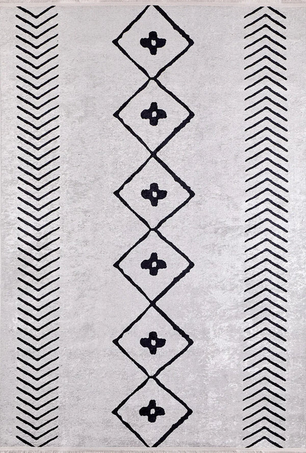 Beyaz Gri Etnik Geometrik Halı - Yıkanabilir - Kaymaz Taban - Pati Dostu
