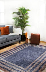 Navy Brown Distressed Geometric Living Room Rug - Polyester