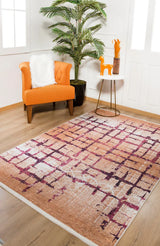 Beige Burgundy Modern Living Room Rug - Polyester