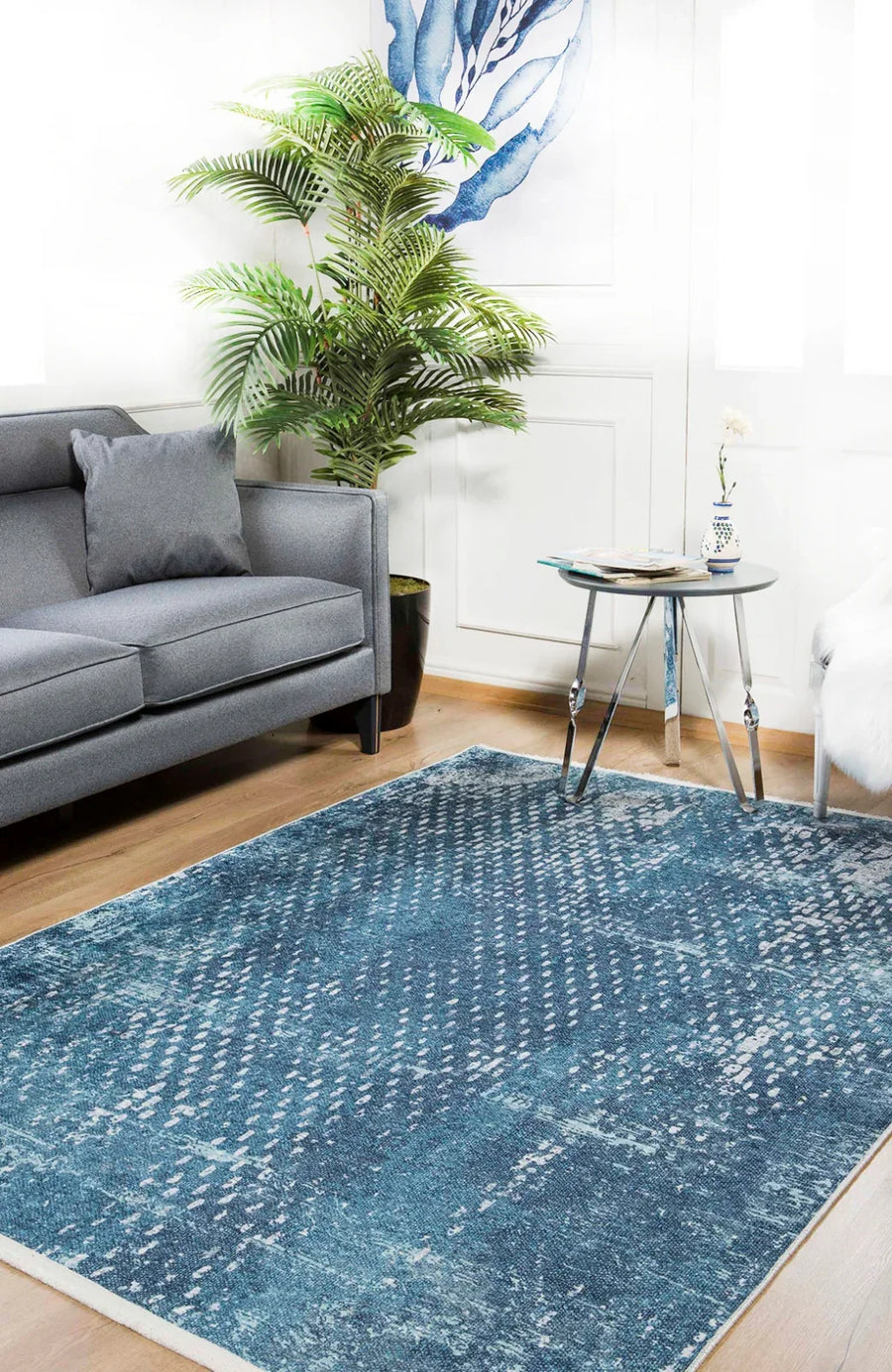 Mavi Dokulu Modern Halı - Yıkanabilir - Kaymaz Taban - Pati Dostu