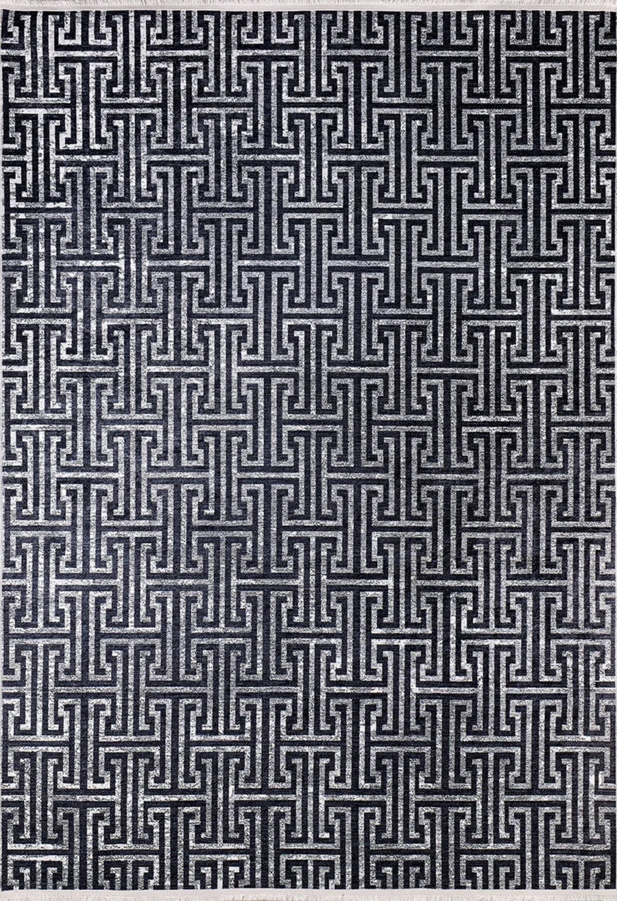 Modern Geometric Area Rug in Black and Gray – in the living room