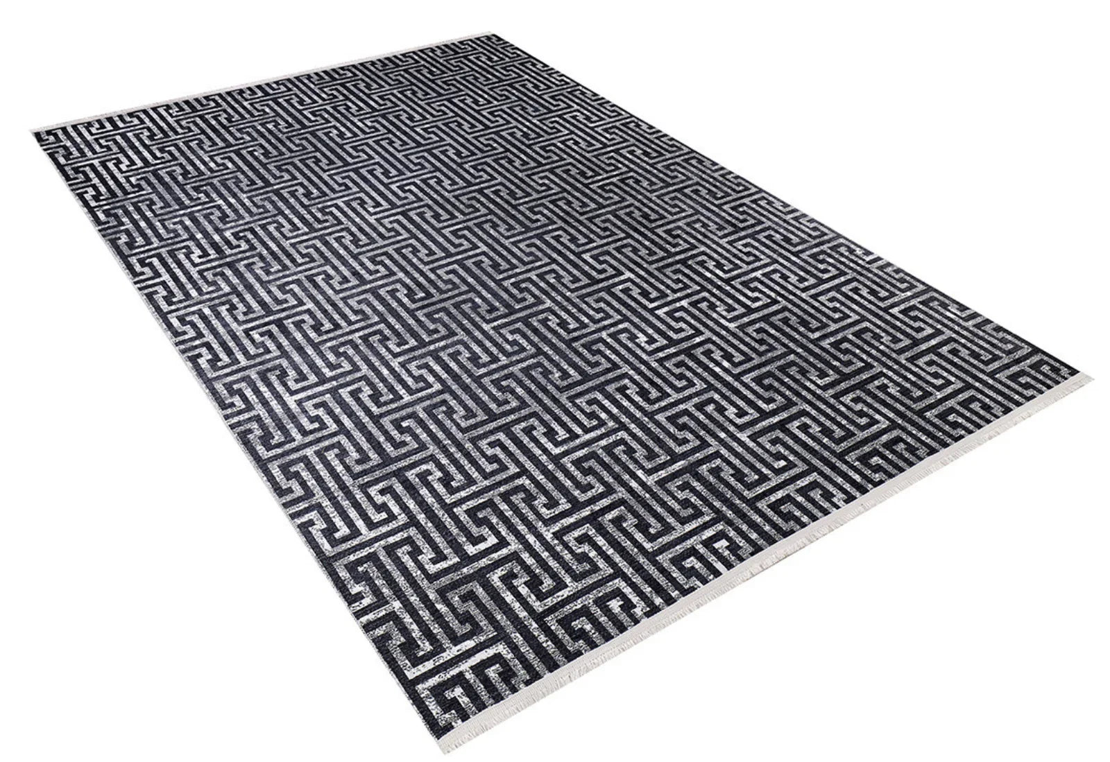 Antrasit Gri Geometrik Kareli Halı - Yıkanabilir - Kaymaz Taban - Pati Dostu