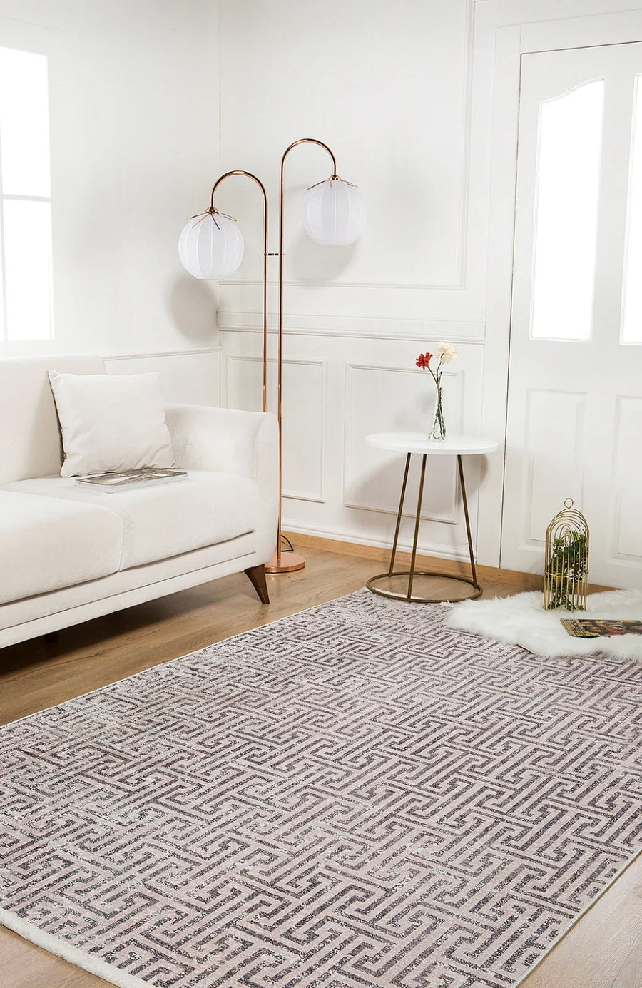 Bej Krem Geometrik Minimalist Halı - Yıkanabilir - Kaymaz Taban - Pati Dostu