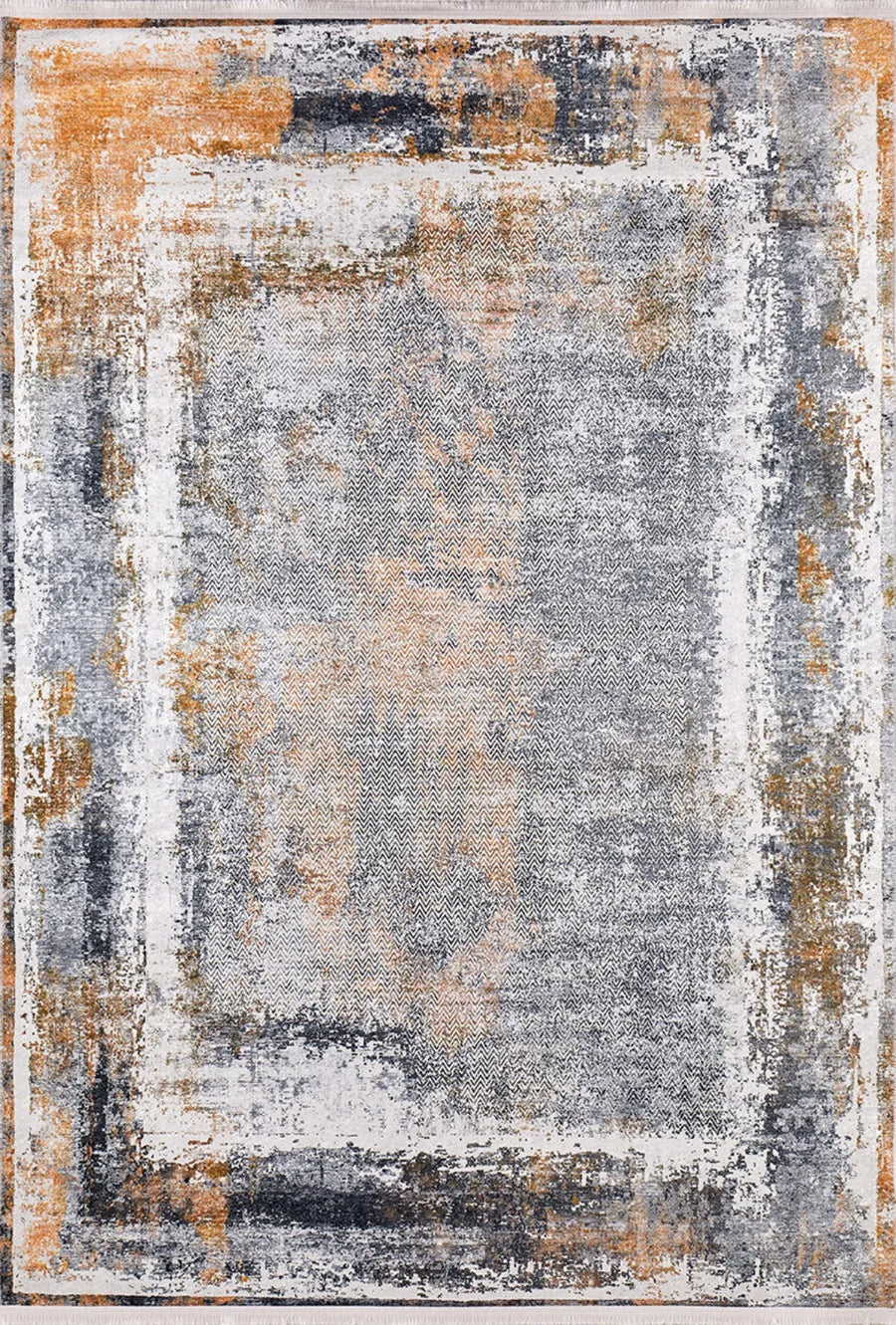 Waschbarer Teppich Grau Orange mit abstraktem Muster – im Wohnzimmer