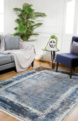 Blue Gray Distressed Geometric Living Room Rug - Polyester